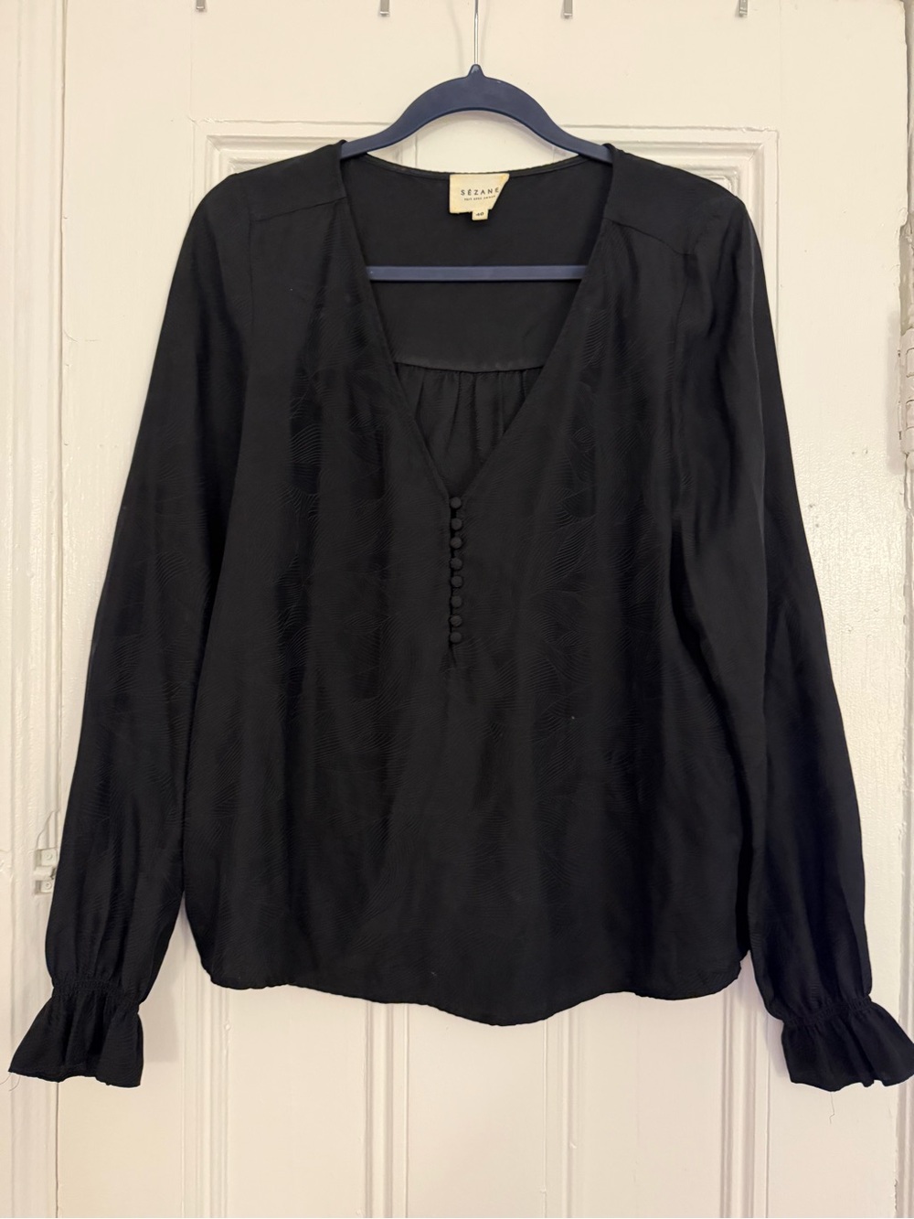 Sezane Black Long-Sleeve V-Neck Button-Front Top